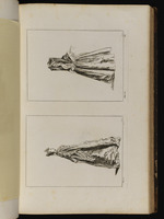 Oben: Stehende Frau mit Schleier im Dreiviertelprofil nach links; unten: Stehende Frau im Profil nach rechts
