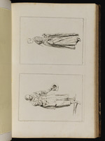 Oben: Stehende junge Frau im Profil nach links; unten: Pierrot mit Hut in der linken Hand