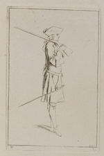 Soldat im Profil nach rechts, das Gewehr auf die rechte Schulter gelegt