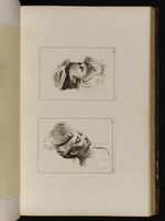 Oben: Büste eines Kindes mit Hut im Halbprofil nach rechts, den Blick gesenkt; unten: Büste einer jungen Frau mit Federhut im Halbprofil nach rechts, den Blick gesenkt