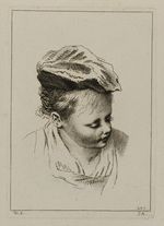 Büste eines Kindes mit Hut im Halbprofil nach rechts, den Blick gesenkt