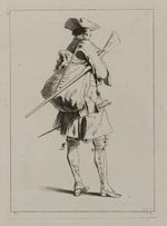 Soldat im Profil nach rechts, ein Gewehr über der rechten Schulter und eine Tasche tragend