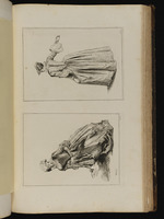Oben: Stehende Frau in Rückansicht mit ausgestrecktem rechten Arm, der Kopf im Profil nach links; unten: Sitzende junge Frau mit geschlossenem Fächer, nach links geneigt