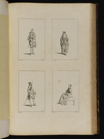 Oben: Stehender Mann; Stehende Frau mit Haube in Rückansicht; unten: Stehender Soldat im Profil nach rechts; Sitzende Frau mit Turben und geschlossenem Fächer