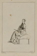 Sitzende Frau mit Turben und geschlossenem Fächer, nach links gewandt