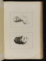 Oben: Büste einer jungen Frau, den Kopf leicht in den Nacken gelegt; unten: Büste eines Mannes mit Maske