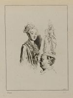 Halbfigur einer jungen Frau, Kopf eines Mannes mit Mütze im Profil nach links und sitzende Frau mit Kopftuch