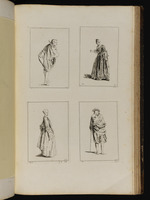 Oben: Nach vorn gebeugt stehender Mann; Stehende Frau mit nach hinten geneigtem Oberkörper; unten: Stehende Frau im Profil nach rechts; Mann mit Hut und Stock in Rückansicht