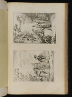 Oben: Zwei Paare in einem Park; unten: Fünf Figuren der Commedia dell