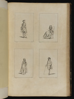 Oben: Soldat, die rechte Hand auf einen Stab gestützt; Auf einem Stuhl sitzende Frau; unten: Stehende Frau mit Schleier; Stehender Mann mit Hut und Stock