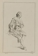 Sitzender Mann mit Hut unter dem rechten Arm