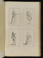 Oben: Stehende junge Frau mit Turban; Stehender Mann, den rechten Ellenbogen aufgestützt; unten: Stehender Mann mit gestreiftem Cape in Rückansicht; Frau in Rückansicht