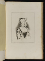 Halbfigur einer jungen Frau mit Kopftuch, der Kopf im Profil nach rechts