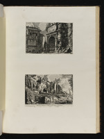 Seite mit zwei Darstellungen: Eine Ansicht des Titusbogens und Überrest des Theaters des Nero auf dem Palatin