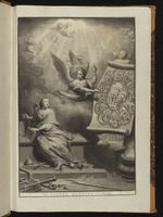 Ein Engel zeigt der gefesselten Personifikation des Glaubens ein Blatt mit der Kreuzigung Christi und den Martyrien der zwölf Apostel