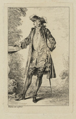 Stehender Mann, nach links gewandt, die Hand auf eine Brunnenschale gelegt