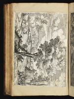 Landschaft mit Vogel auf einem Baumstumpf und zwei unter einem Baum sitzenden Männern