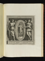Der Hl. Adrianus in einem Medaillon, gehalten von zwei Engeln