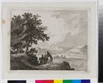 Reitergruppe auf einer Anhöhe mit Blick auf das Wasser und einen Kreidefelsen, in: Ansichten von Rügen, Nr. 8