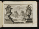 Zwei barocke Vasen, im Hintergrund der Entwurf für ein Parktor