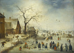 Dorf im Winter mit Bauern auf dem Eis