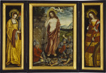 Kleiner Flügelaltar mit der Auferstehung Christi (Mitteltafel), der Hl. Barbara (l. Flügel, Innens.) und der Hl. Katharina (r. Flügel, Innens.)