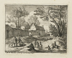 Landschaft mit Pilgern und Häusern im Hintergrund