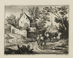 Landschaft mit drei Wagen, Häusern und Kirche im Hintergrund