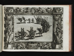 Festzug mit Fackelträgern und auf großen Vögeln reitenden Kriegern in einem ornamentalen Rahmen