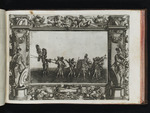 Zwei Ritter, angeführt von Musikanten in einem ornamentalen Rahmen