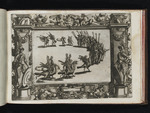 Festzug mit Fackelträgern und auf großen Vögeln reitenden Kriegern in einem ornamentalen Rahmen