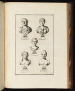 Fünf Büsten, darunter ein Faun und ein Mann in phrygischer Mütze