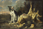 Jagdhund bei einem aufgebrochenem Reh und einem toten Hasen