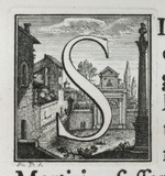 Initiale S mit Säule mit Porträtbüste und Häusern