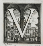 Initiale V mit Arkaden und Ansicht eines Platzes