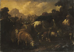 Herde mit Packpferd an einem Brunnen