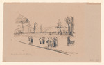 Menschen auf dem Friedrichsplatz, links das Staatstheater; rückseitig: Skizze eines Zeichnenden