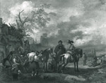 Vier Reiter beim Hufschmied