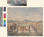 Ansicht des Forums von Pompeji mit rauchendem Vesuv im Hintergrund; rückseitig Ansicht der Gräberstraße in Pompeji