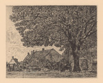 Häuser am Dorfplatz mit mächtigem Baum und abgestelltem Bauernwagen