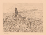 Landgut mit großer Zypresse in weiter toskanischer Hügellandschaft