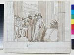 Gruppe von sechs Künstlern rastend in einem antiken Gebäude, ev. in Paestum; verso: Skizze derselben Herren in anderer Umgebung