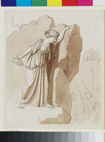 Frau mit Gefäß in der Hand an einem Felsvorsprung