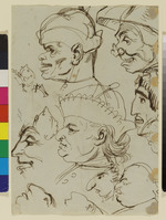 Karikaturen verschiedener männlicher Köpfe; verso: Skizzenblatt: Mann mit erhobenem Arm, Schippe, Beinmuskulatur, Moses mit dem Eselskinnbacken