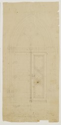 Kassel-Wilhelmshöhe, Löwenburg, Bergfried, 2. Obergeschoß, Rittersaal, Entwurf für eine Tür mit Spitzbogen, Grund- und Aufriß