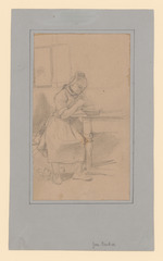 Hessische Bäuerin vor einem Tiegel am Tisch sitzend