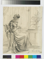 Am Fenster sitzende Frau bei der Näharbeit