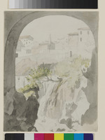 Tivoli, Blick durch den Torbogen auf den Wasserfall und die Ortschaft