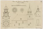 Oberndorf, ev. Kirche, Bauaufnahme des Turmes, Ansicht, Grundrisse, Aufriß und Schnitt
