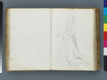 Knieende weibliche Gestalt, betend in langem Gewand; verso: stehende Figur, ein Pult und ? auf den Händen tragend